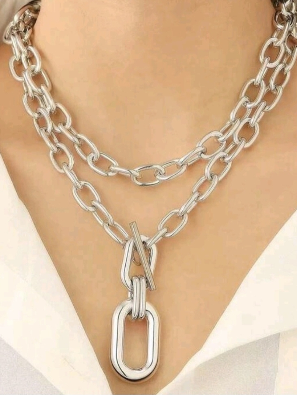 NEW Layered Silver Link Toggle Necklace - Women Jewelry